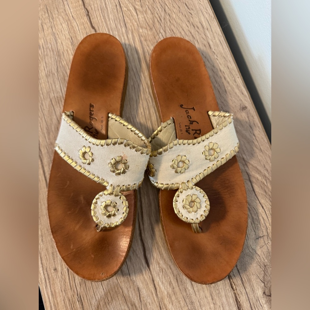 Jack Rogers Women's Gold and Cream Sandals Size 10